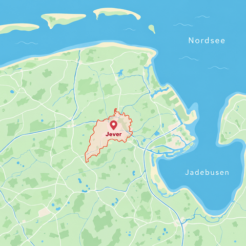 Illustration der Region rund um Jever mit Nordsee und Jadebusen, Jever ist auf der Karte hervorgehoben.